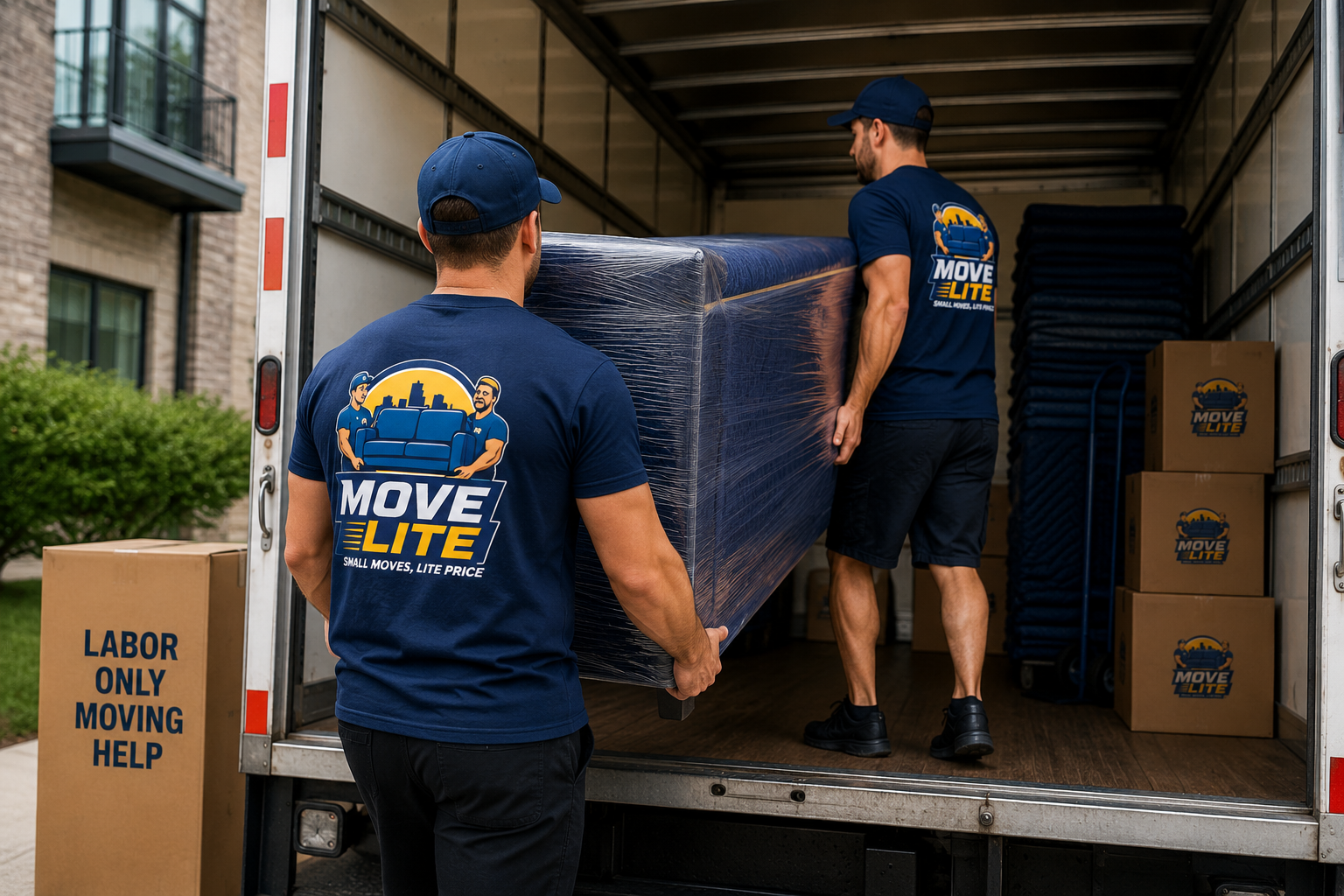 Move Lite movers providing labor-only moving help while loading furniture into a moving truck in St. Louis