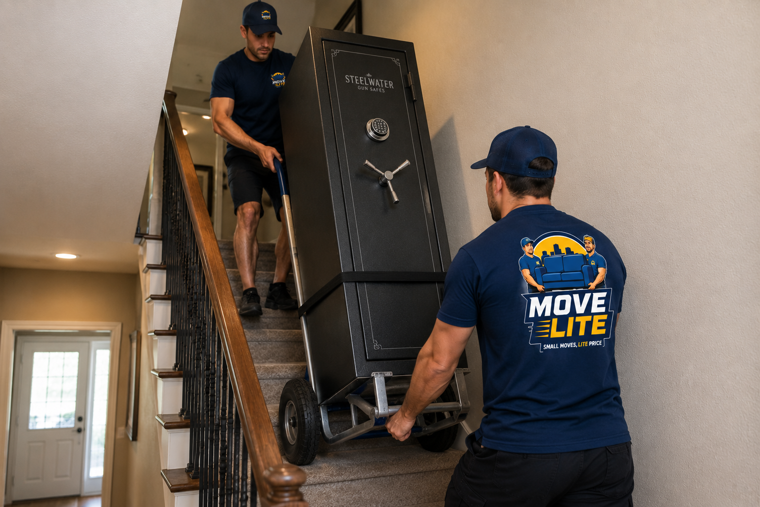 Move Lite movers using an appliance dolly to safely move a gun safe up a residential staircase in St. Louis, MO