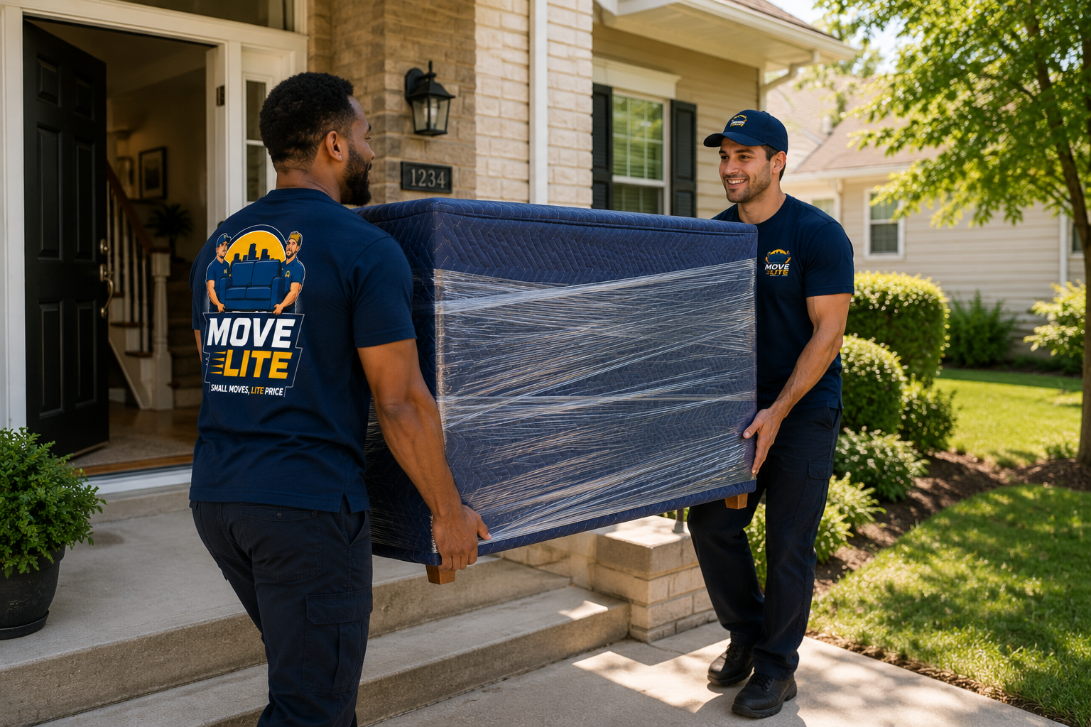 Move Lite movers carrying a padded and shrink-wrapped furniture piece during a same-day small move in St. Louis, MO