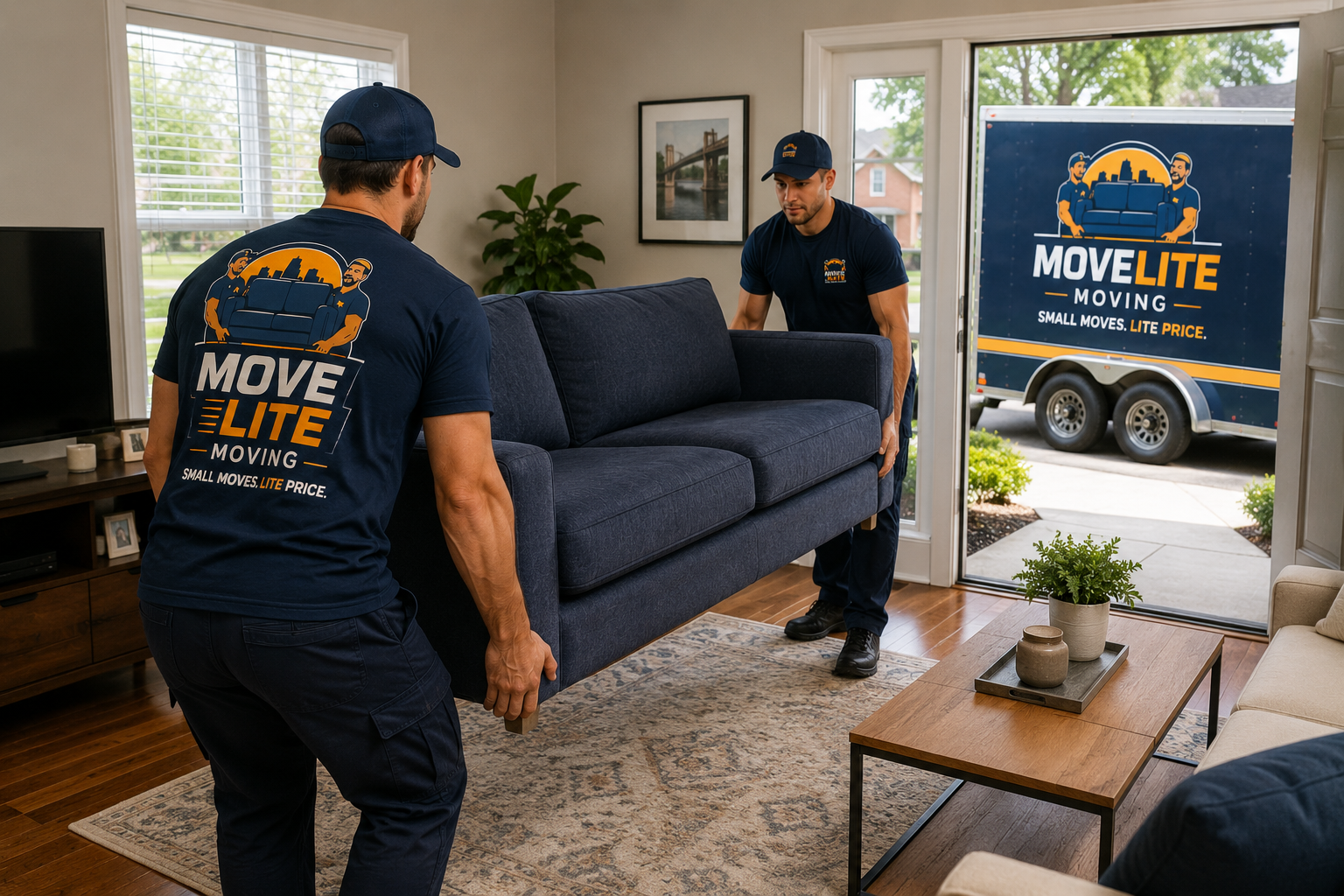 Move Lite movers carrying a couch inside a customer home with branded trailer parked outside.