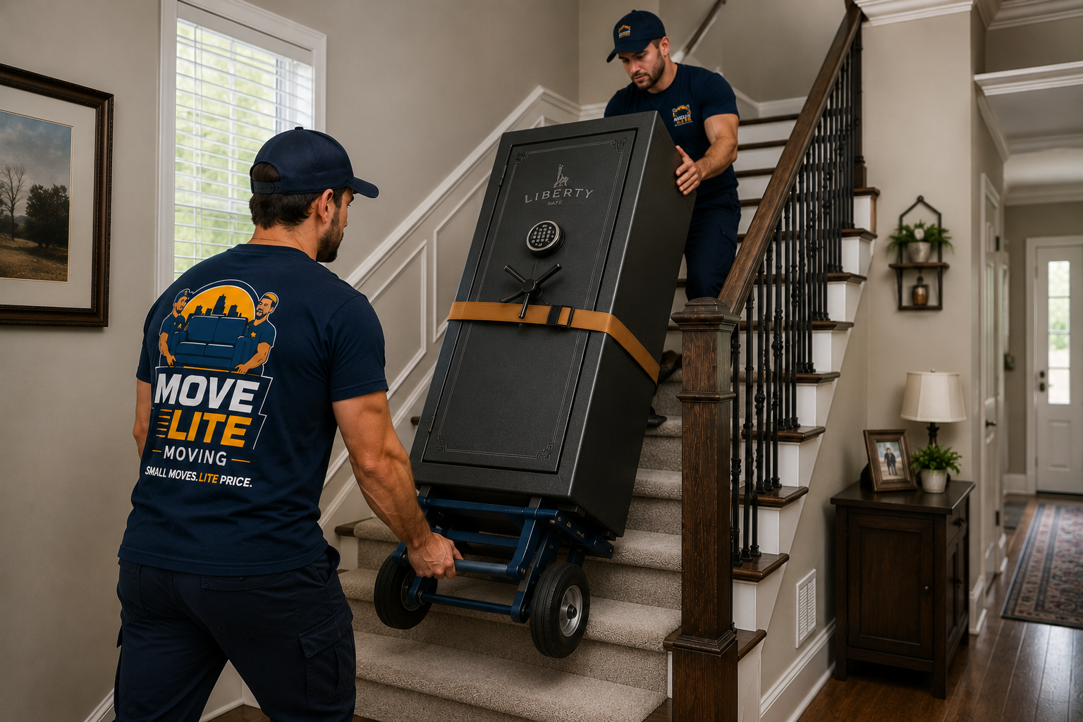 Move Lite movers safely transporting a medium-sized gun safe upstairs using a secured appliance dolly inside a customer’s home.