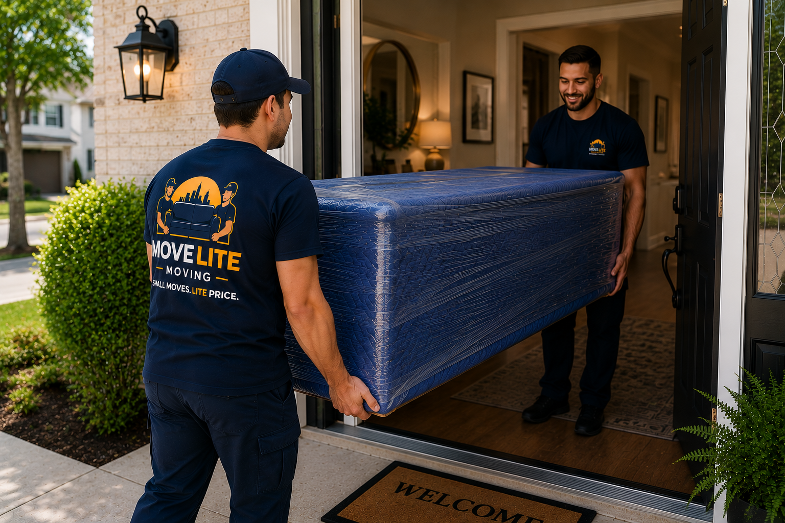 Move Lite movers carrying a fully wrapped TV stand through a front doorway during a small move in Wentzville, MO