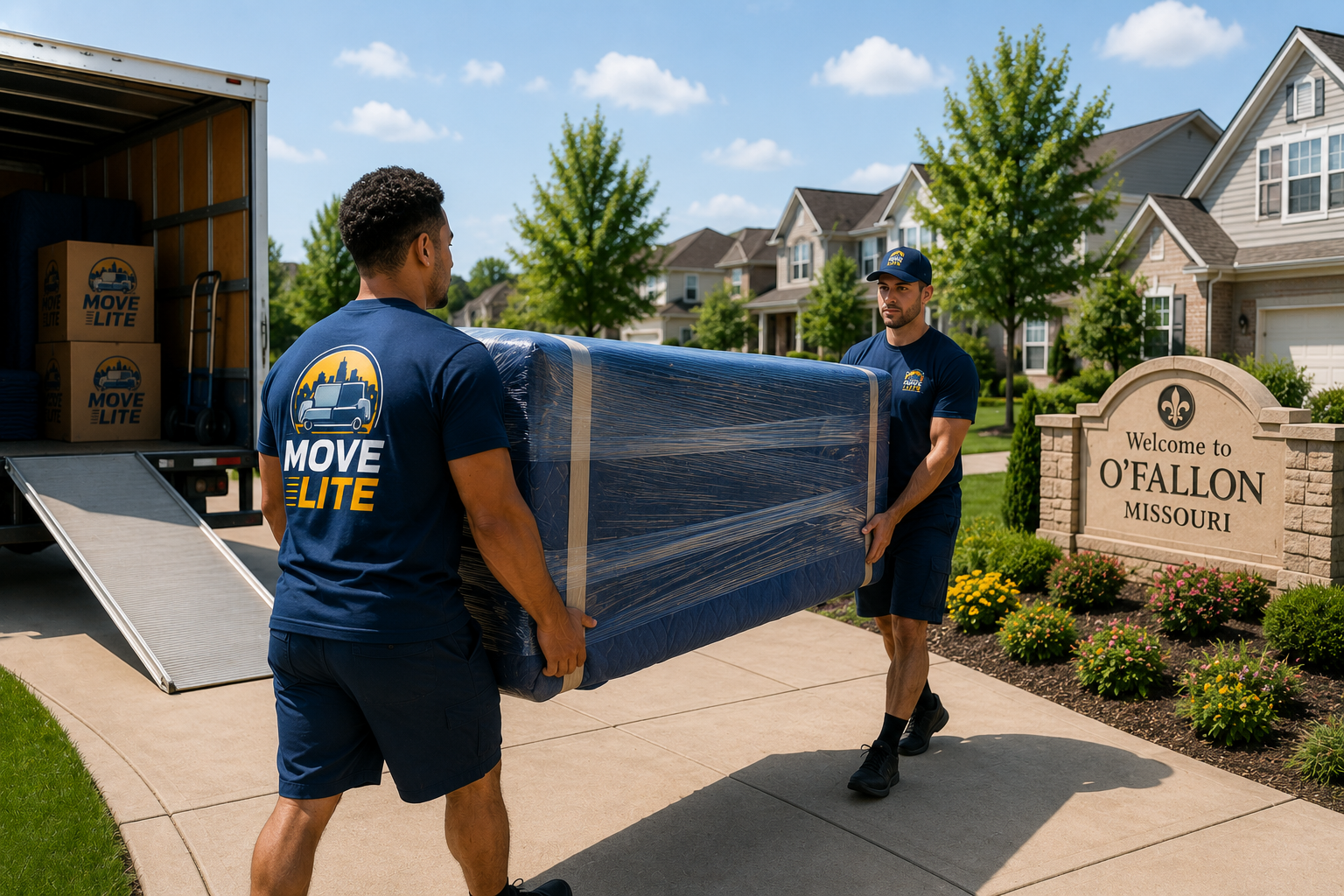 Move Lite movers carrying a fully wrapped couch in front of the O’Fallon, Missouri entrance sign during a same-day suburban move.