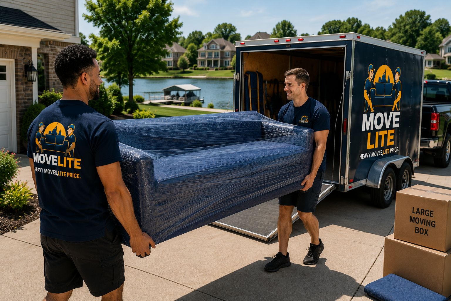 Move Lite movers carrying a fully wrapped couch beside a branded enclosed trailer in a Lake St. Louis neighborhood.