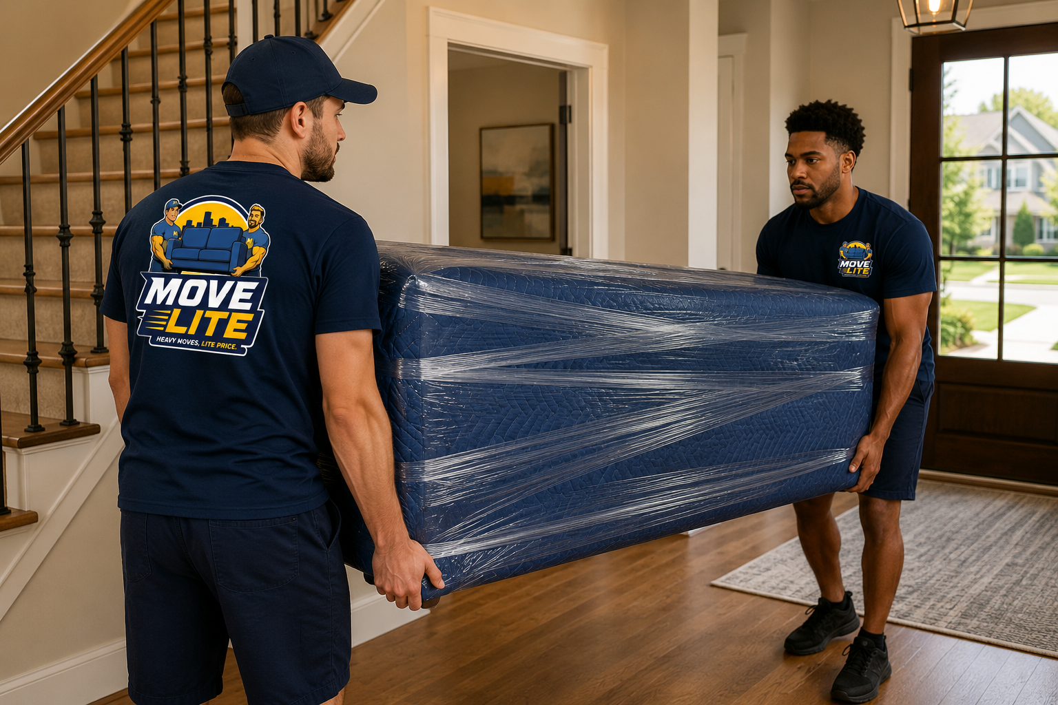 Move Lite movers carrying a fully wrapped furniture piece through a modern home in Dardenne Prairie, Missouri.