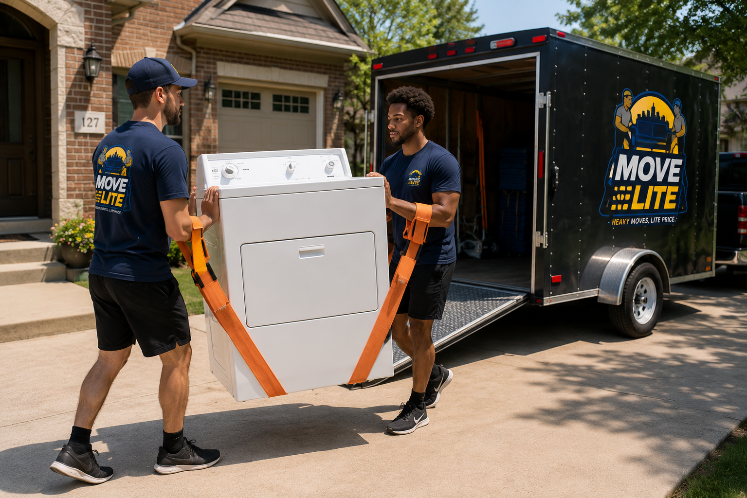 Move Lite movers using orange forearm lifting straps to safely carry a washing machine into an enclosed trailer in Cottleville, Missouri.