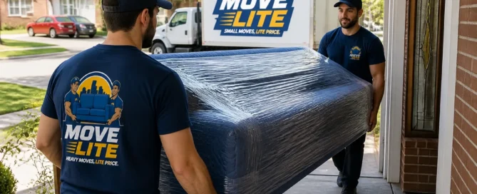 Move Lite movers carrying wrapped furniture during a Facebook Marketplace delivery in St. Louis
