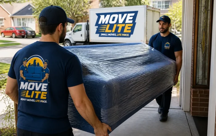 Move Lite movers carrying wrapped furniture during a Facebook Marketplace delivery in St. Louis
