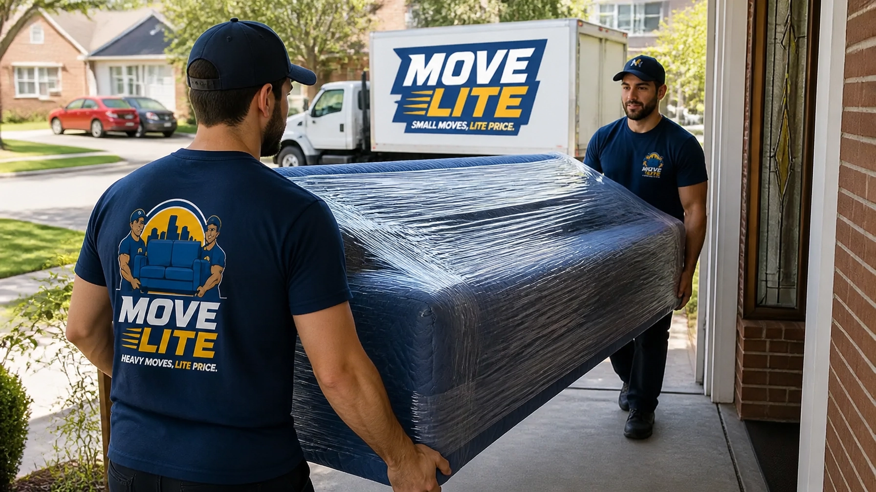 Move Lite movers carrying wrapped furniture during a Facebook Marketplace delivery in St. Louis