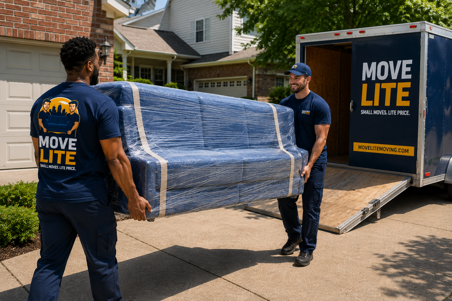 two move lite movers carrying a 3 seat sofa into an enclosed move lite trailer