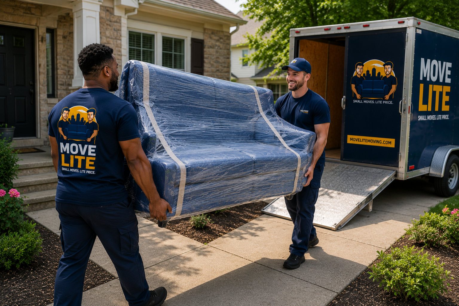 two move lite movers carrying a loveseat in st. louis to a move lite enclosed trailer