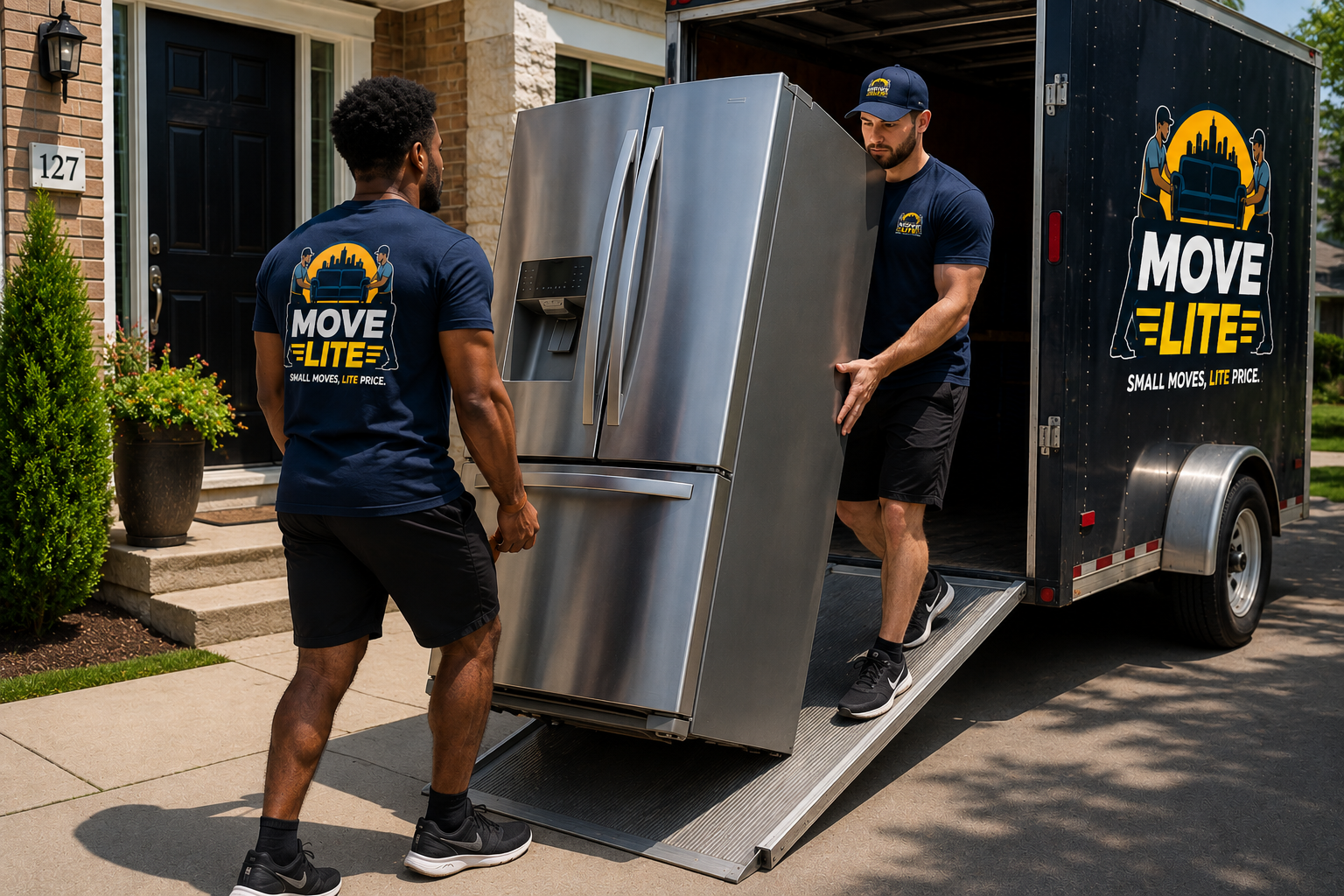 Move Lite Movers Loading Refrigerator Into Trailer