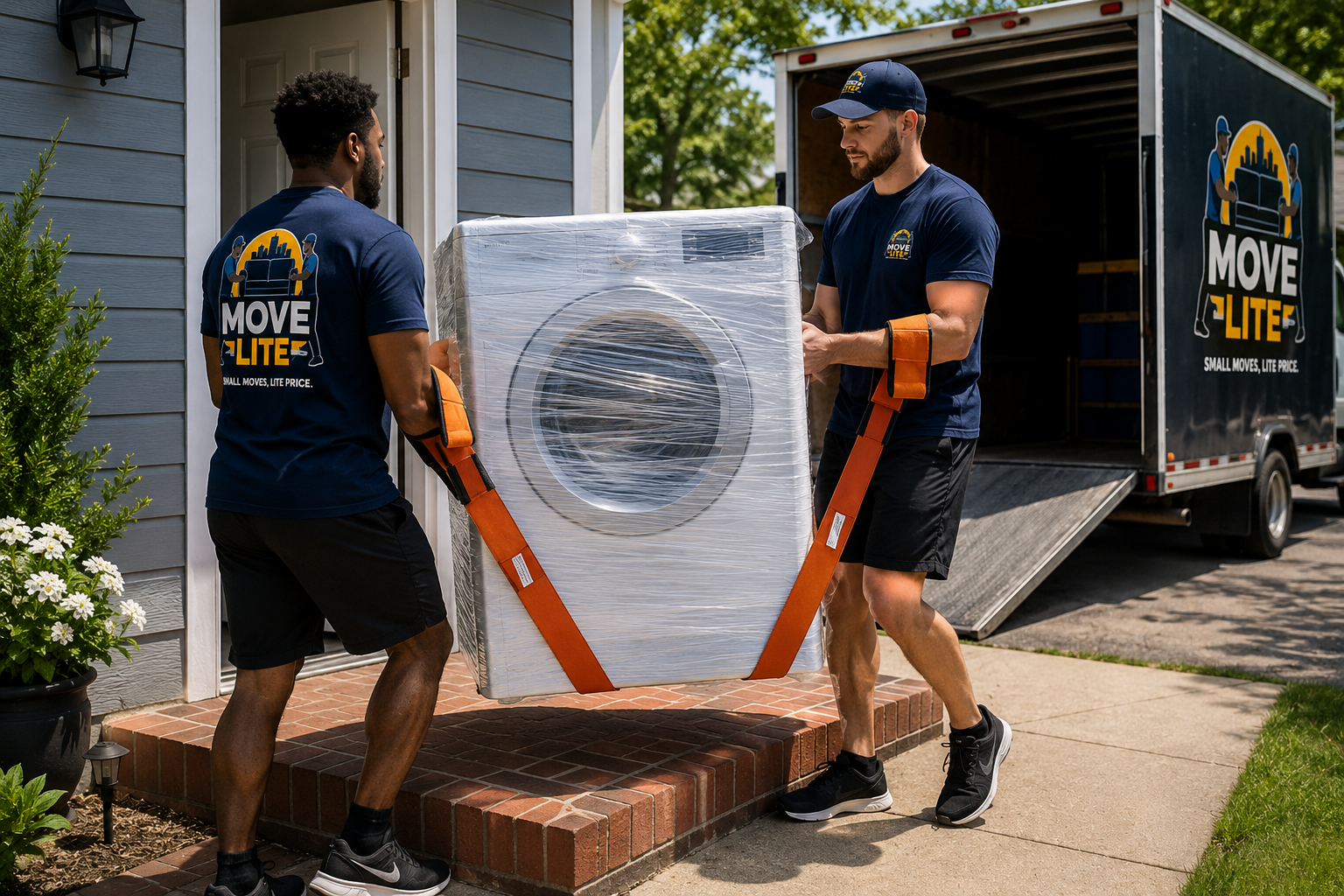 Move Lite movers carrying a wrapped washing machine into a home in St. Louis, Missouri using professional moving equipment.