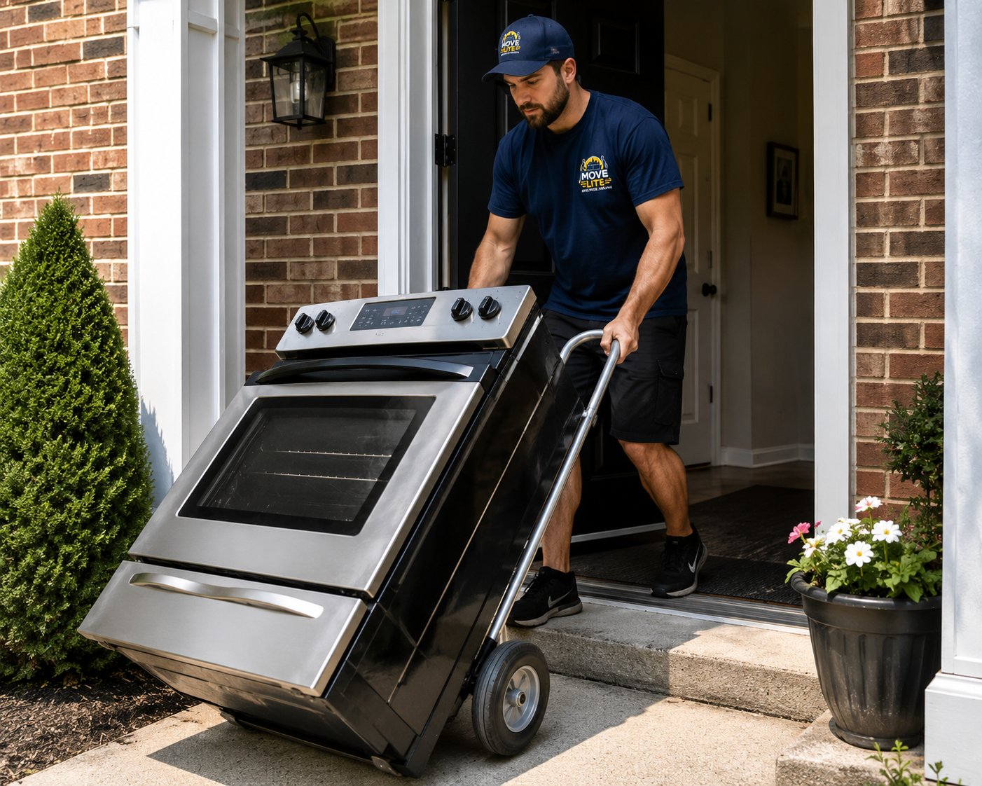 Move Lite movers carefully transporting a wrapped stove and oven during an appliance move in St. Louis, Missouri.