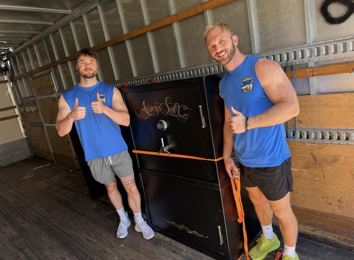 Move Lite gun safe movers with a large American Security gun safe secured in a moving truck in Chesterfield MO